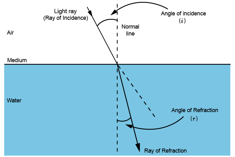Ray of incidence and ray of refraction travelling from air to water.